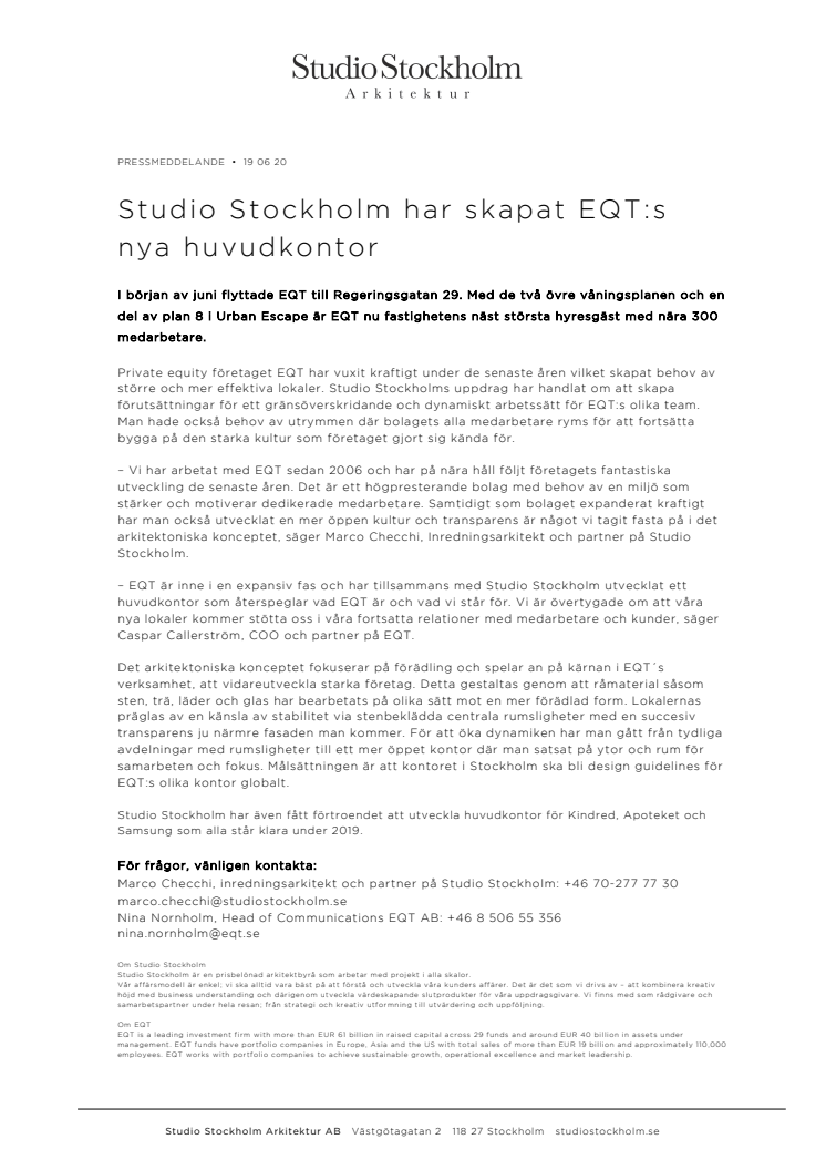 Studio Stockholm har skapat EQT:s nya huvudkontor