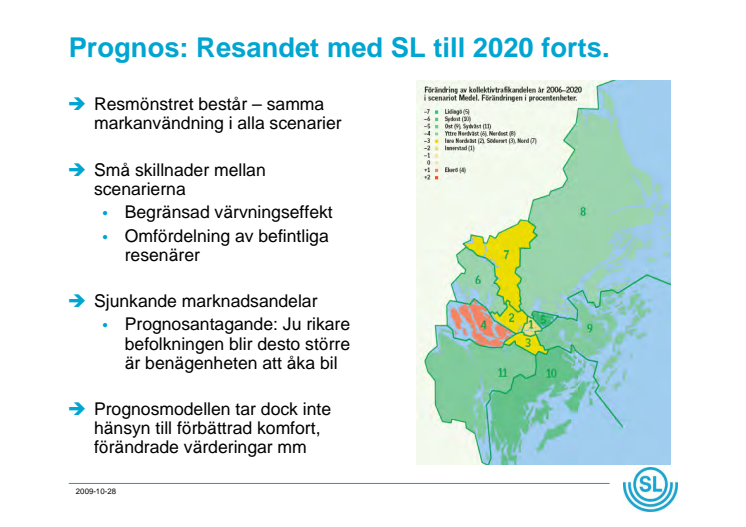 Karta minskad kollektivtrafik, ur SL:s trafikplan 2020 externremiss, scenario medel