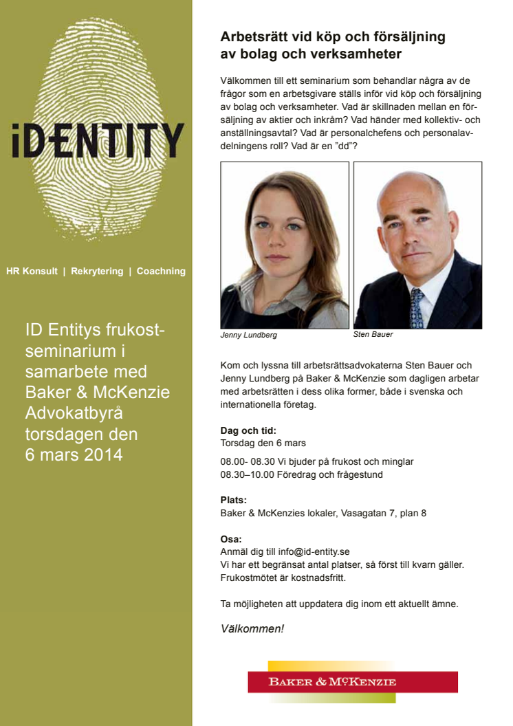 Arbetsrätt vid köp och försäljning av bolag och verksamheter - ID Entity och Baker & Mc Kenzie bjuder in till seminarium 