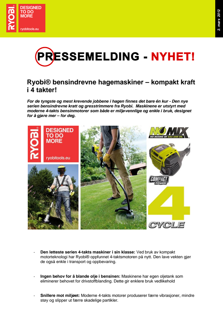 Ryobi® bensindrevne hagemaskiner – kompakt kraft i 4 takter!