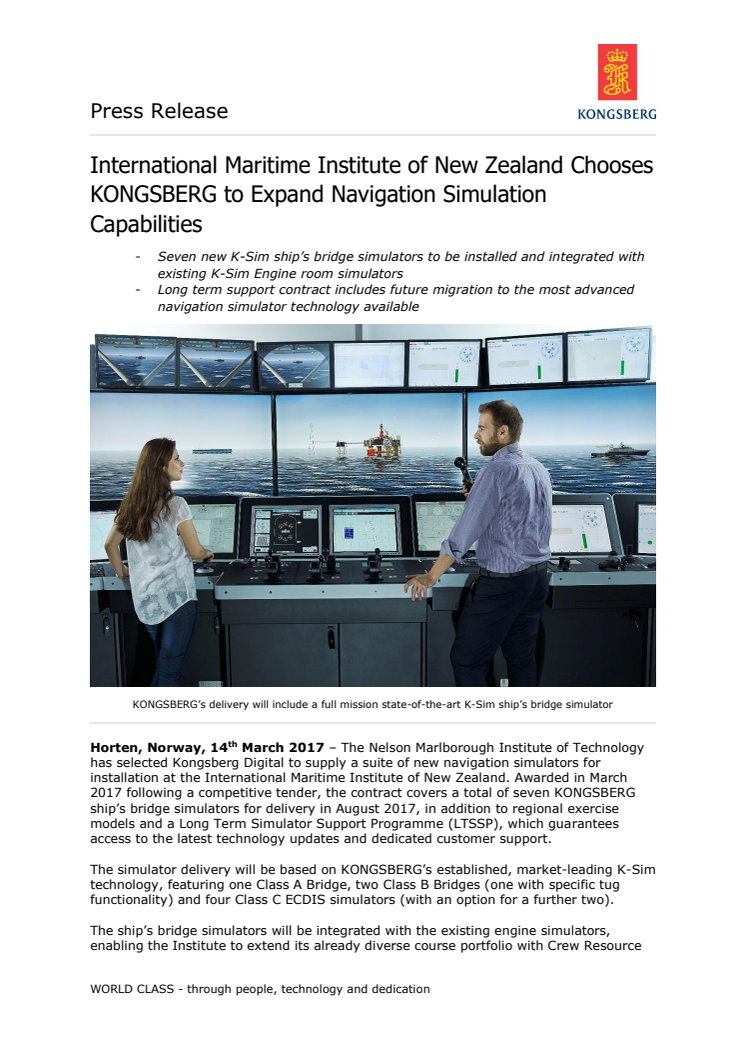 Kongsberg Digital: International Maritime Institute of New Zealand Chooses KONGSBERG to Expand Navigation Simulation Capabilities