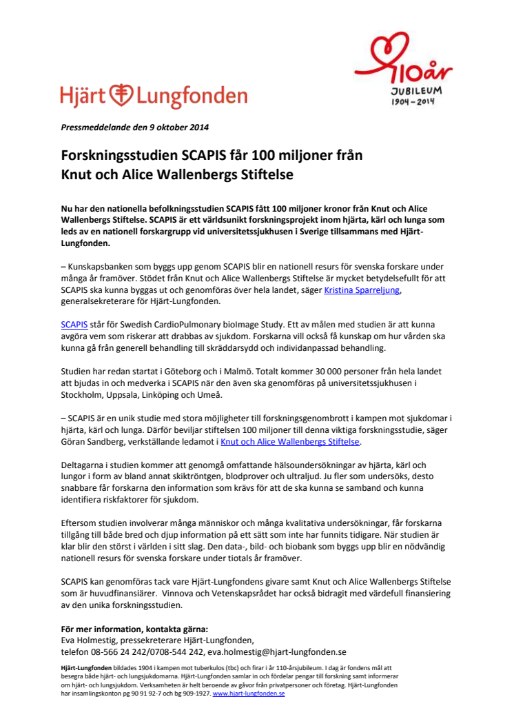 Forskningsstudien SCAPIS får 100 miljoner från Knut och Alice Wallenbergs Stiftelse