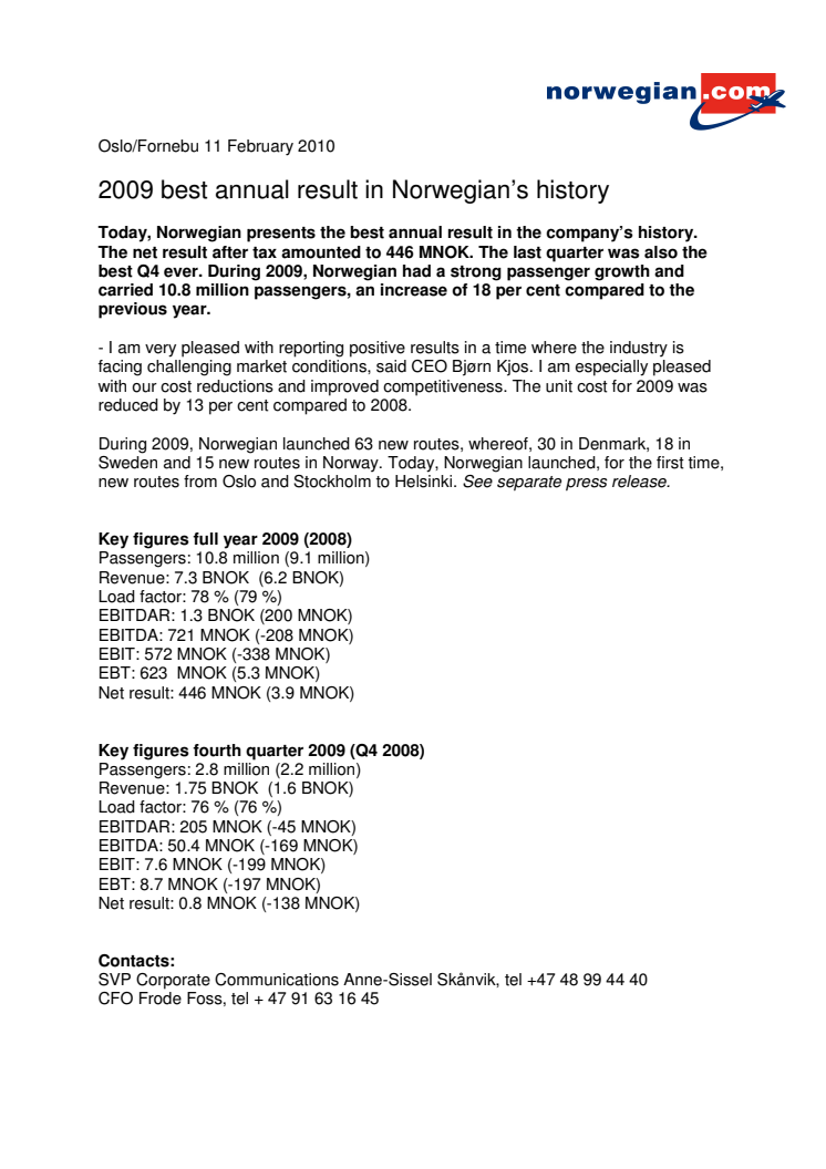 2009 best annual result in Norwegian’s history 