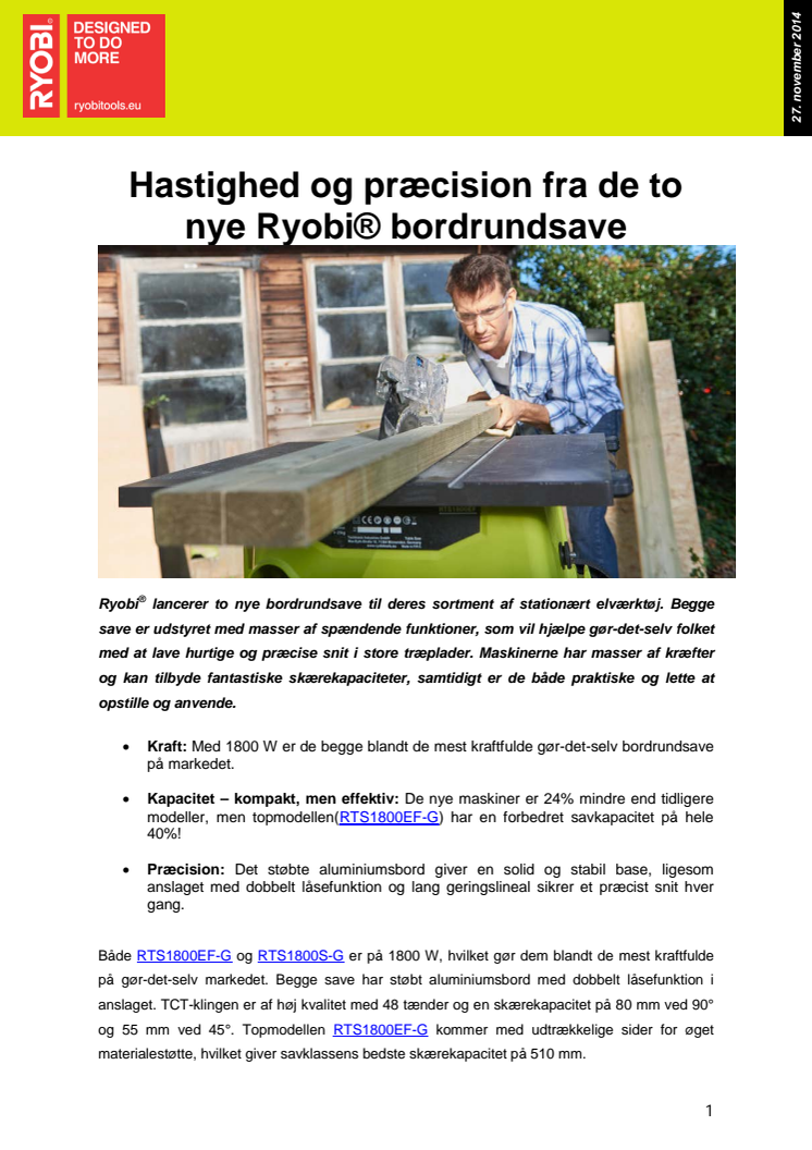 Hastighed og præcision fra de to nye Ryobi® bordrundsave