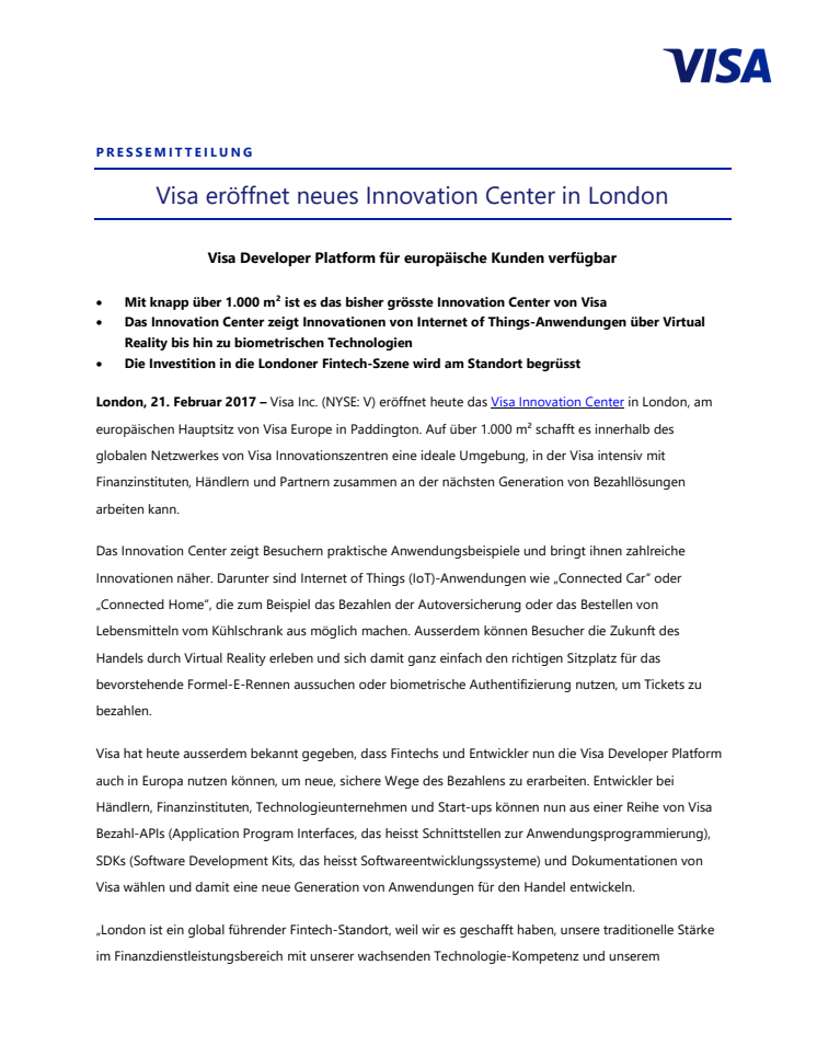 Visa eröffnet neues Innovation Center in London