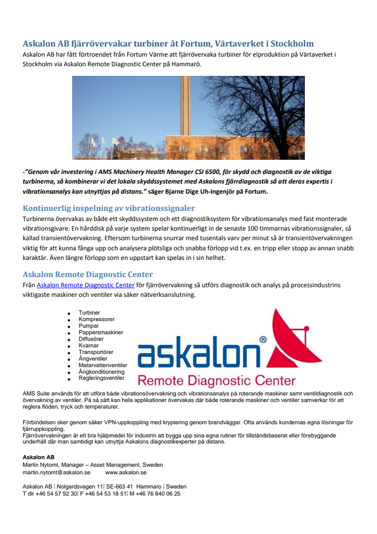 Askalon AB fjärrövervakar turbiner åt Fortum, Värtaverket i Stockholm