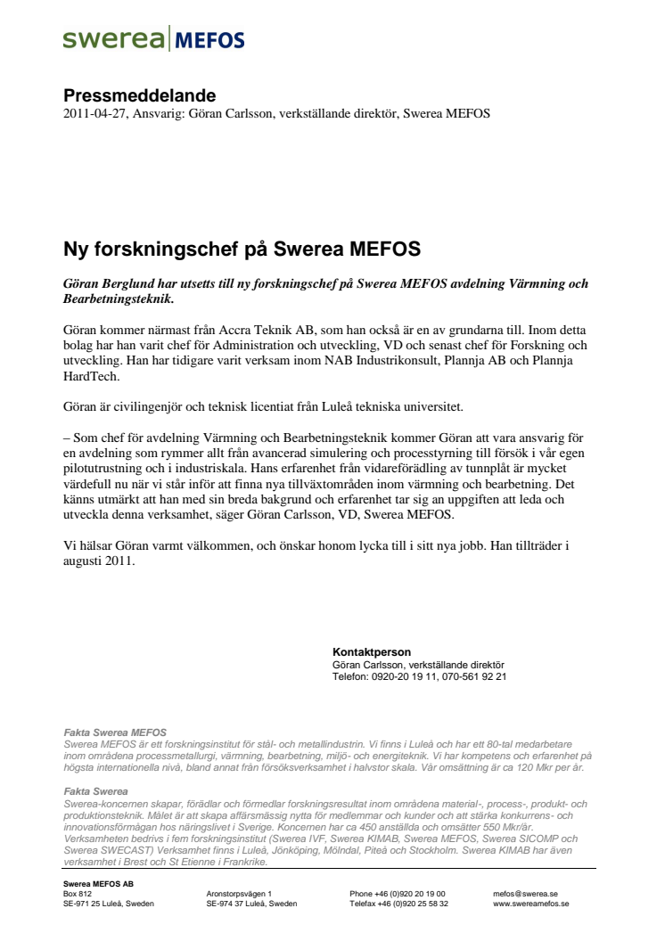 Ny forskningschef på Swerea MEFOS