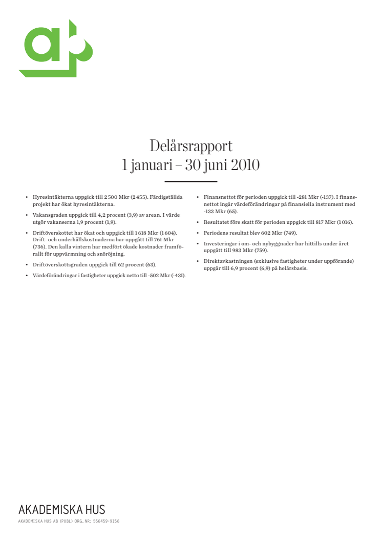 Delårsrapport 1 januari - 30 juni 2010