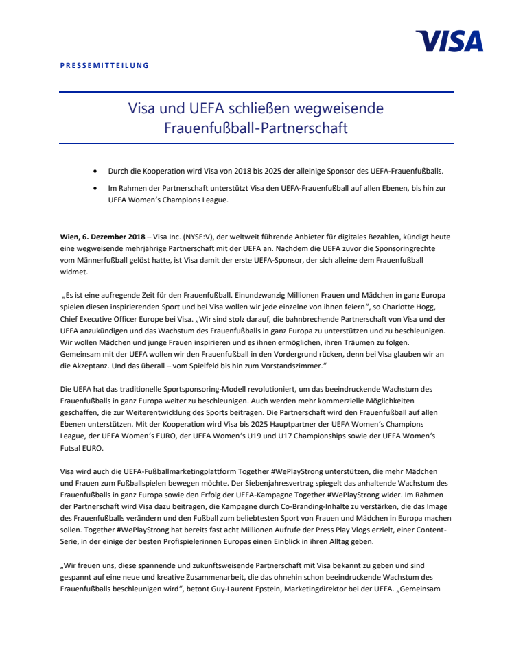 Visa und UEFA schließen wegweisende  Frauenfußball-Partnerschaft 