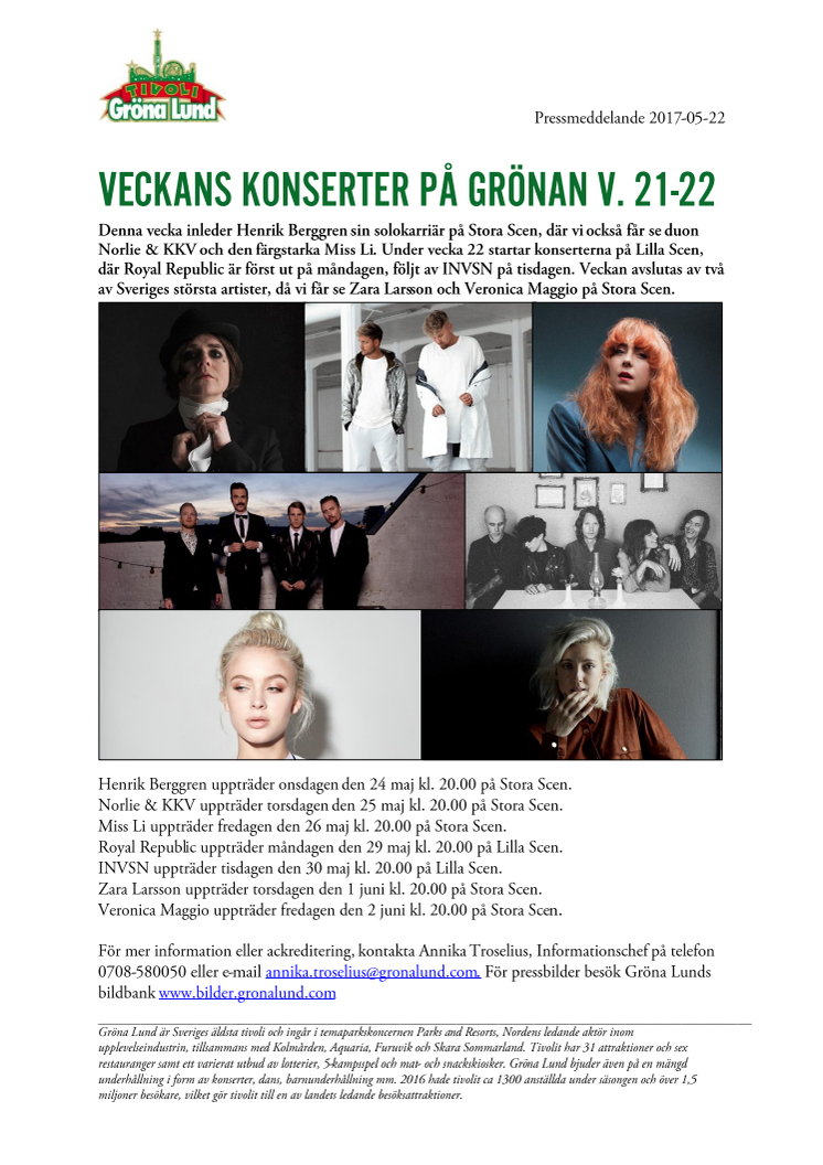 Veckans konserter på Grönan V. 21-22