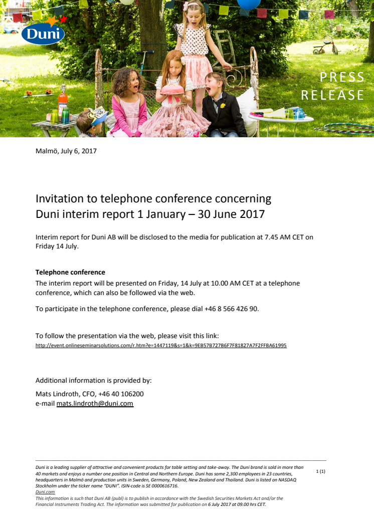 Invitation to telephone conference concerning Duni interim report 1 January – 30 June 2017