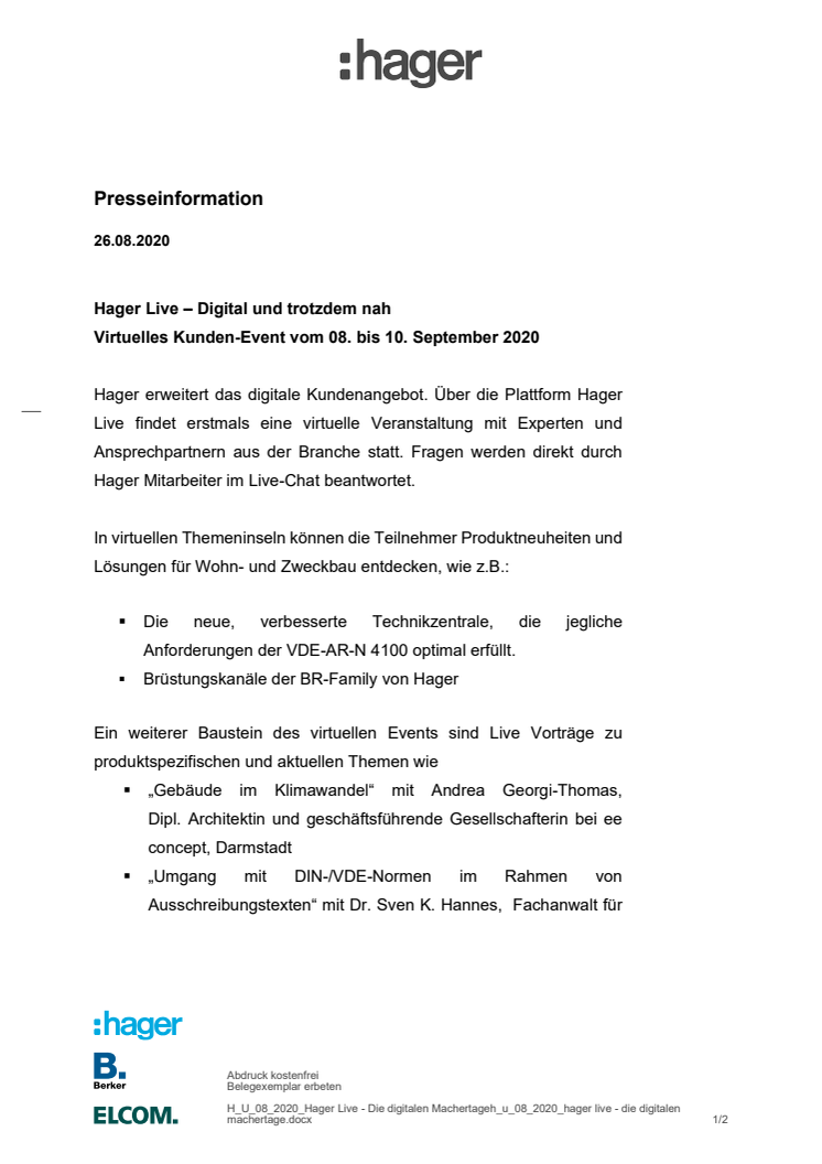 Hager Live – Virtuelles Kunden-Event vom 08. bis 10. September 2020