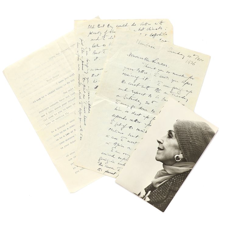 Karen Blixen, Denys Finch Hatton- 2 autographed letters. + Photograph of Karen Blixen.