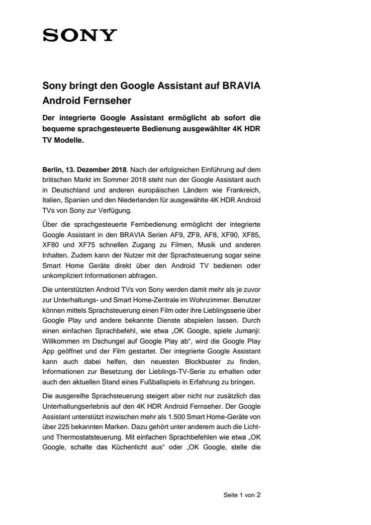 Sony bringt den Google Assistant auf BRAVIA Android Fernseher