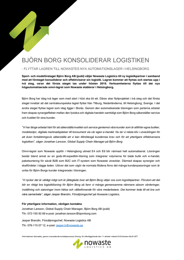 Björn Borg konsoliderar logistiken - flyttar lagren till Nowastes nya automationslager