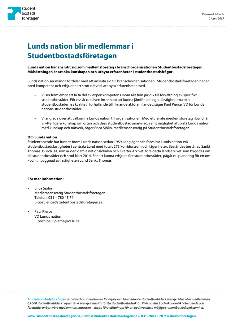 Lunds nation blir medlemmar i Studentbostadsföretagen