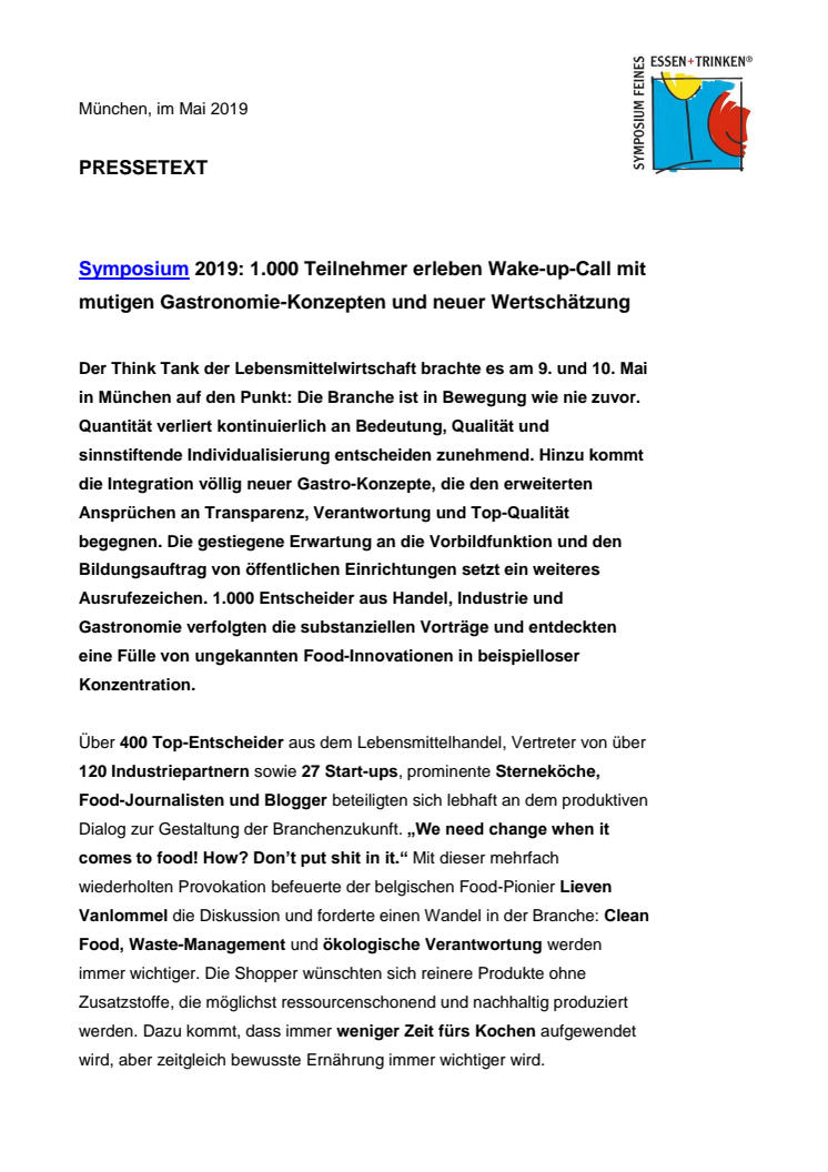 Symposium 2019: 1.000 Teilnehmer erleben Wake-up-Call mit mutigen Gastronomie-Konzepten und neuer Wertschätzung 