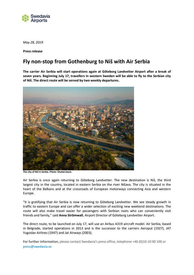 Fly non-stop from Gothenburg to Niš with Air Serbia