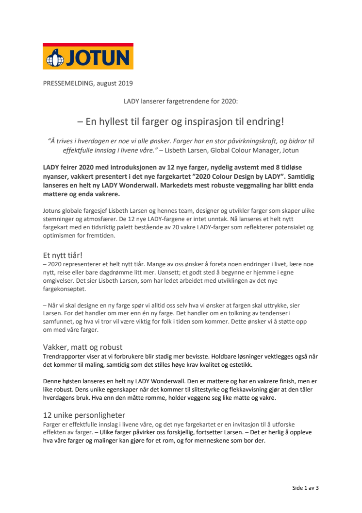 ​LADY lanserer fargetrendene for 2020 - En hyllest til fargene!