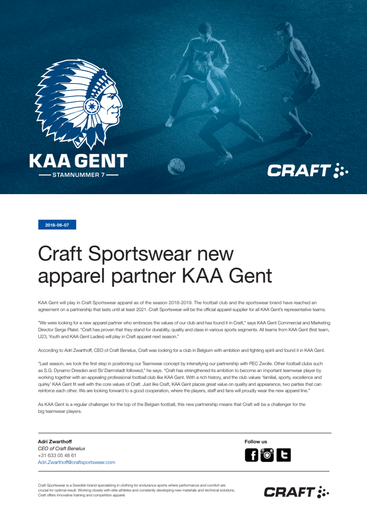 Craft Sportswear new apparel partner of KAA Gent