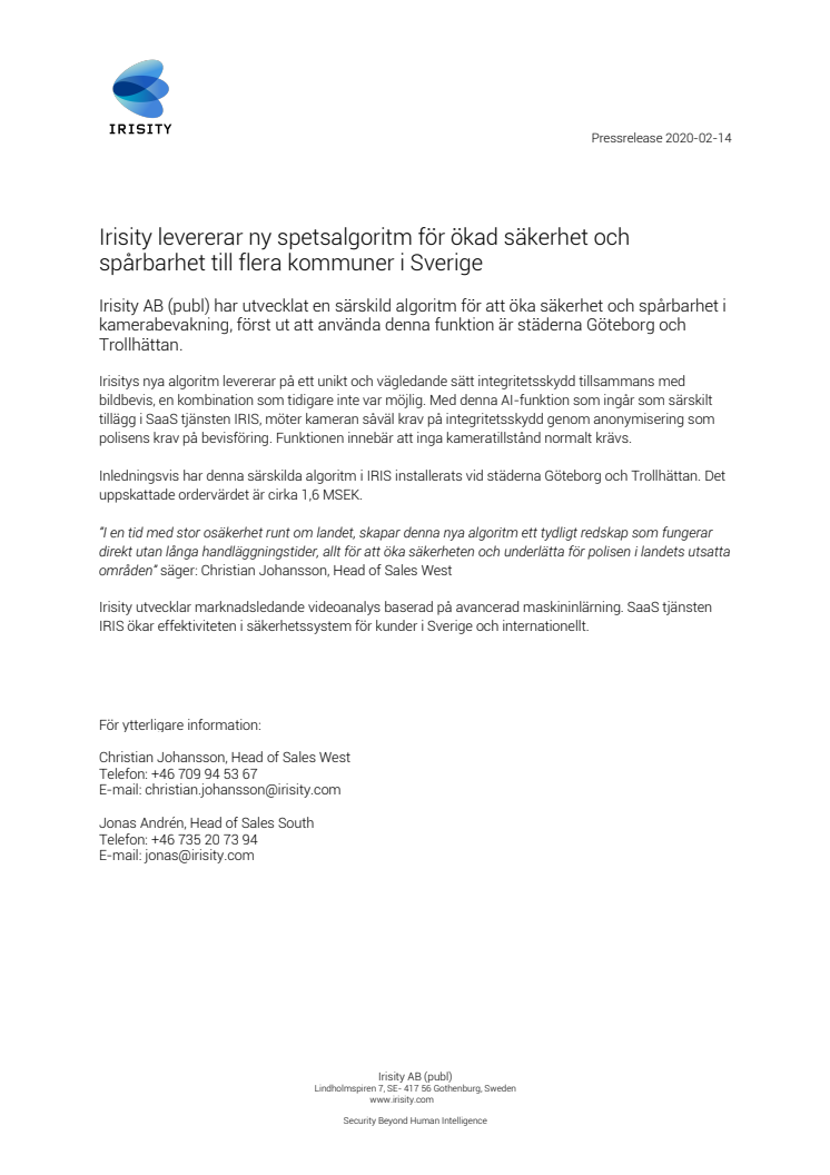 Irisity levererar ny spetsalgoritm för ökad säkerhet och spårbarhet till flera kommuner i Sverige