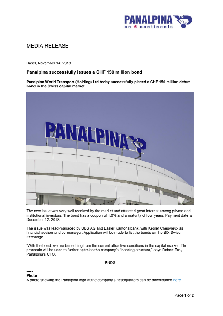 Panalpina successfully issues a CHF 150 million bond