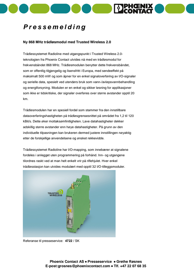 Ny 868 MHz trådløsmodul med Trusted Wireless 2.0