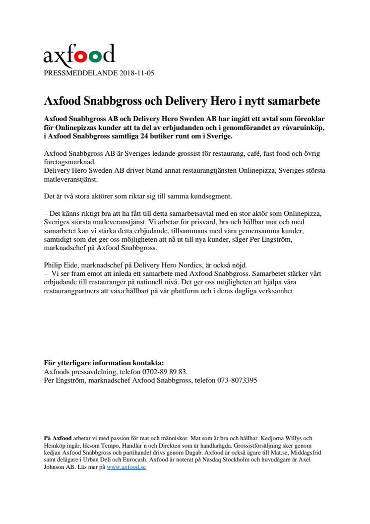 Axfood Snabbgross och Delivery Hero i nytt samarbete