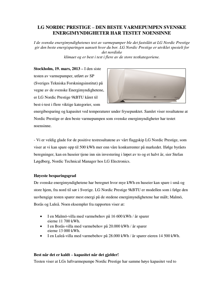 LG Nordic Prestige varmepumpe - den beste varmepumpen svenske energimyndigheter noensinne har testet!