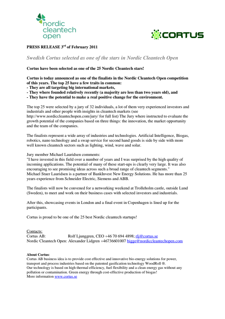 Swedish Cortus selected as one of the stars in Nordic Cleantech Open 