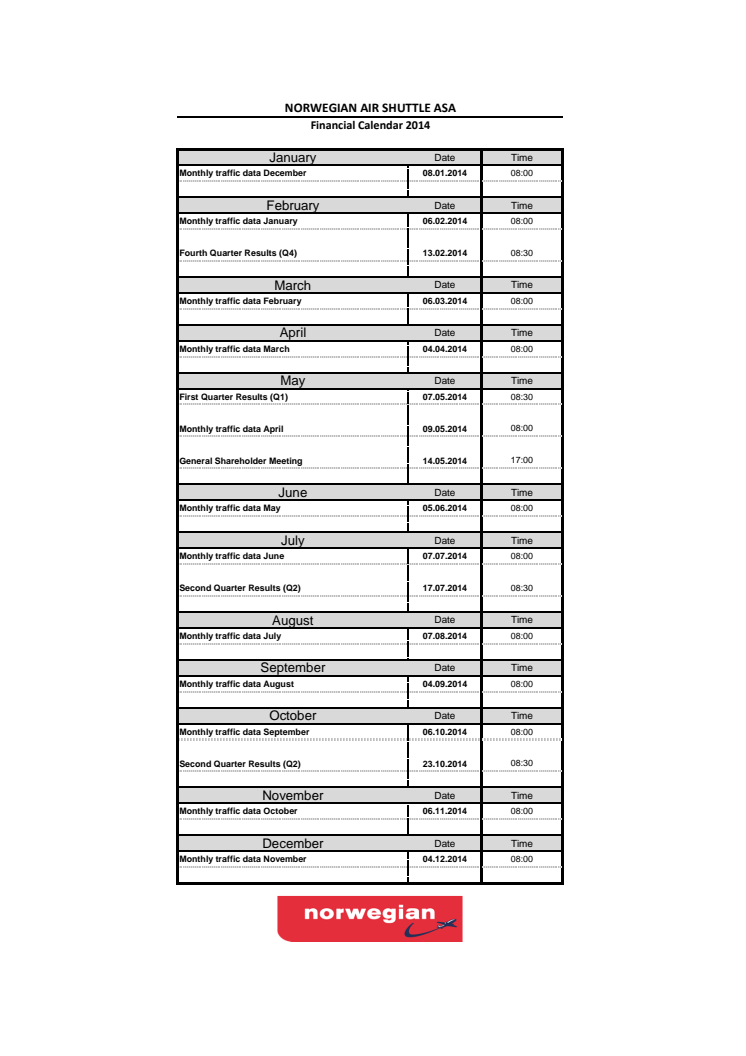 Financial Calendar 2014