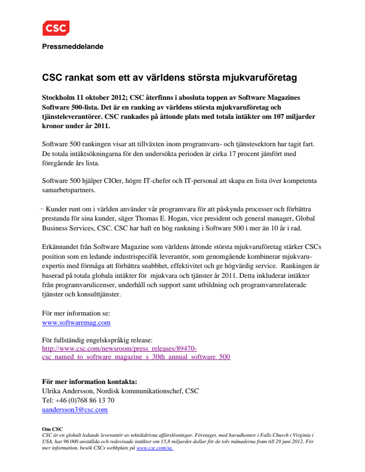CSC rankat som ett av världens största mjukvaruföretag
