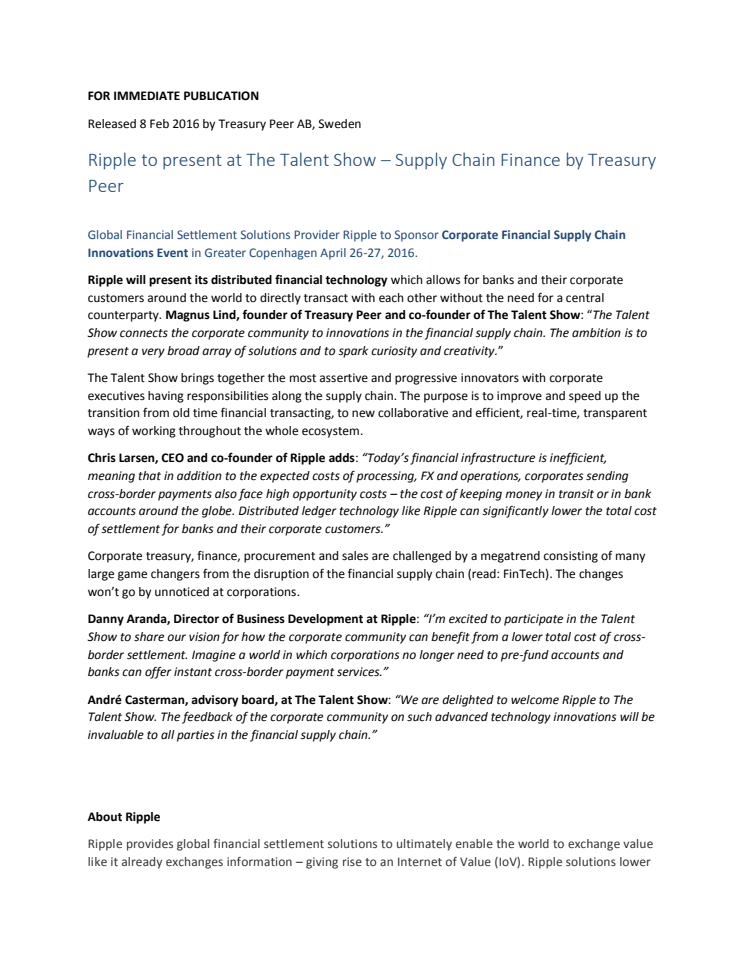 Ripple to present at The Talent Show – Supply Chain Finance by Treasury Peer