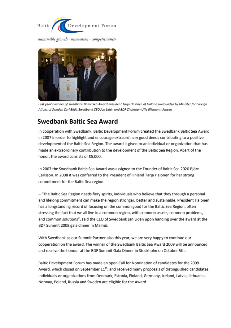 Swedbank Baltic Sea Award (Factsheet)
