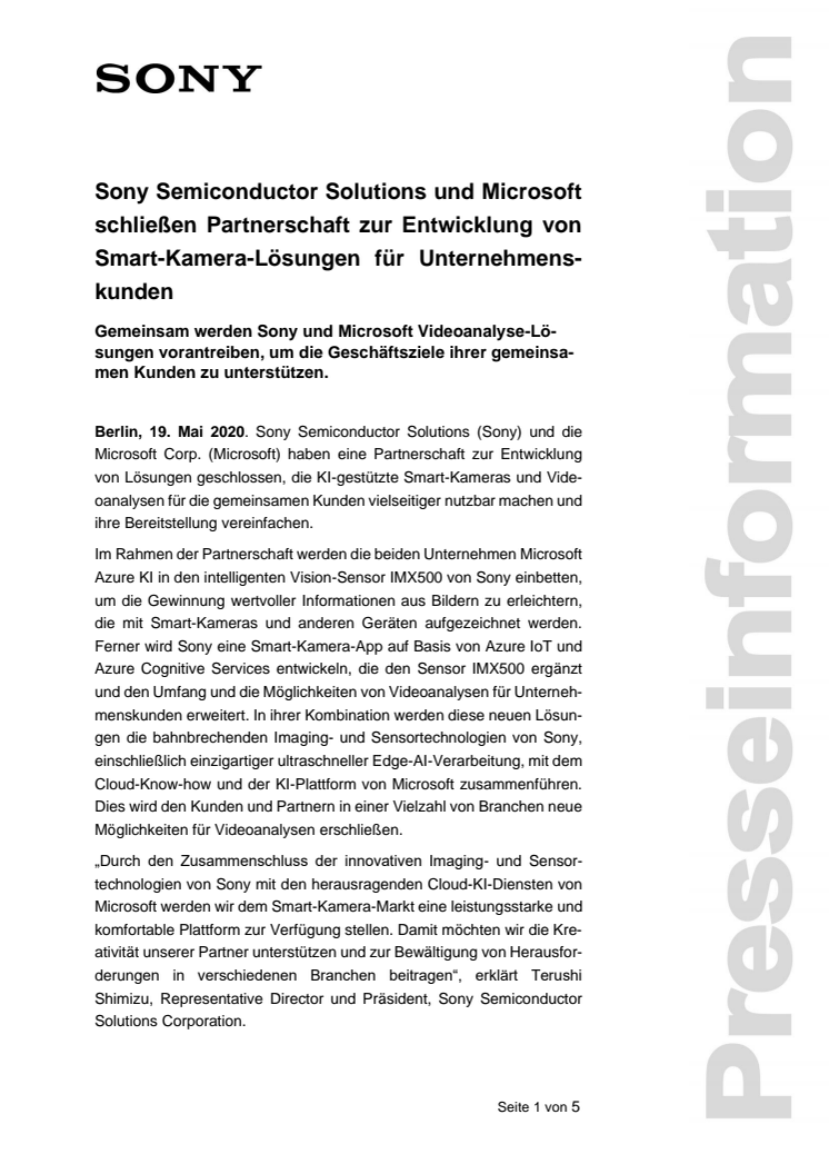 Sony Semiconductor Solutions und Microsoft schließen Partnerschaft zur Entwicklung von Smart-Kamera-Lösungen für Unternehmenskunden 