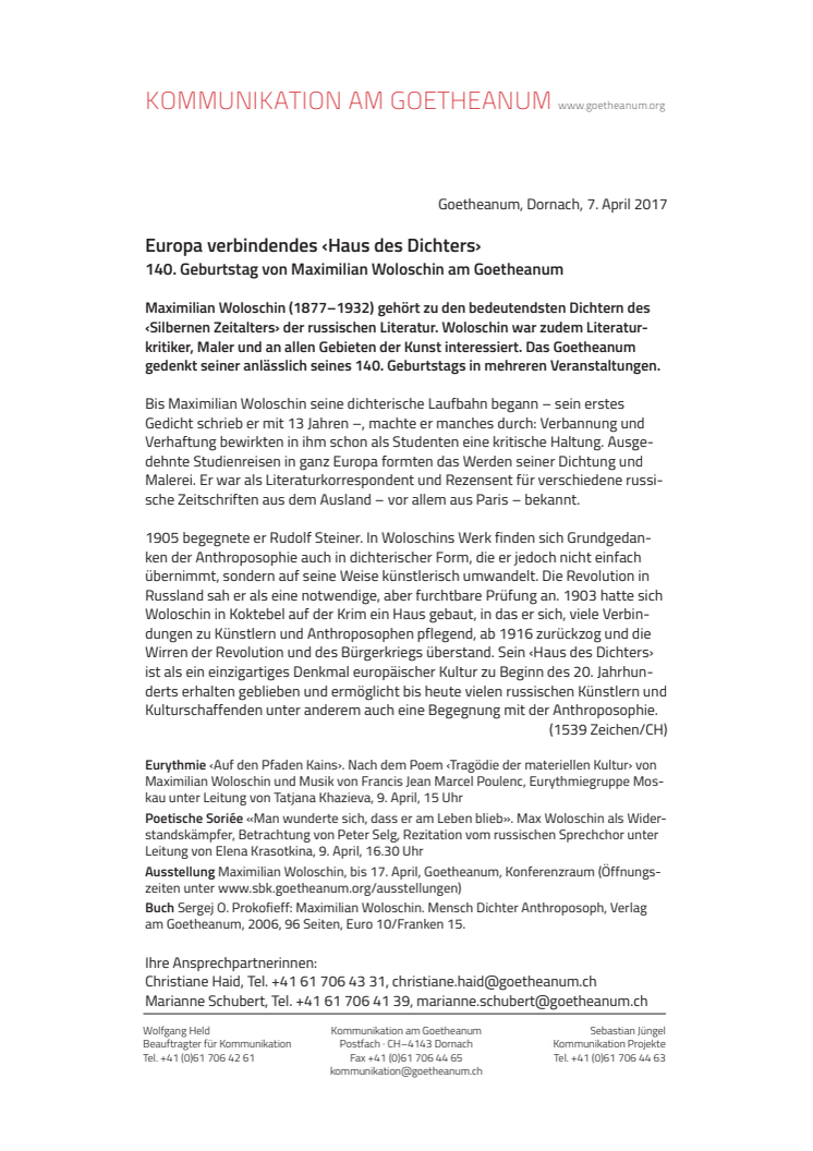 Europa verbindendes ‹Haus des Dichters›. 140. Geburtstag von Maximilian Woloschin am Goetheanum