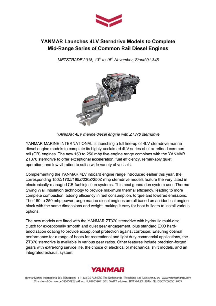 METSTRADE - YANMAR: YANMAR Launches 4LV Sterndrive Models to Complete Mid-Range Series of Common Rail Diesel Engines 