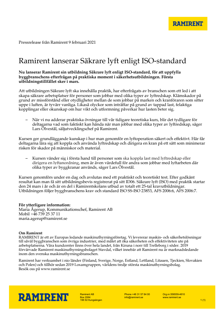 Ramirent lanserar Säkrare lyft enligt ISO-standard