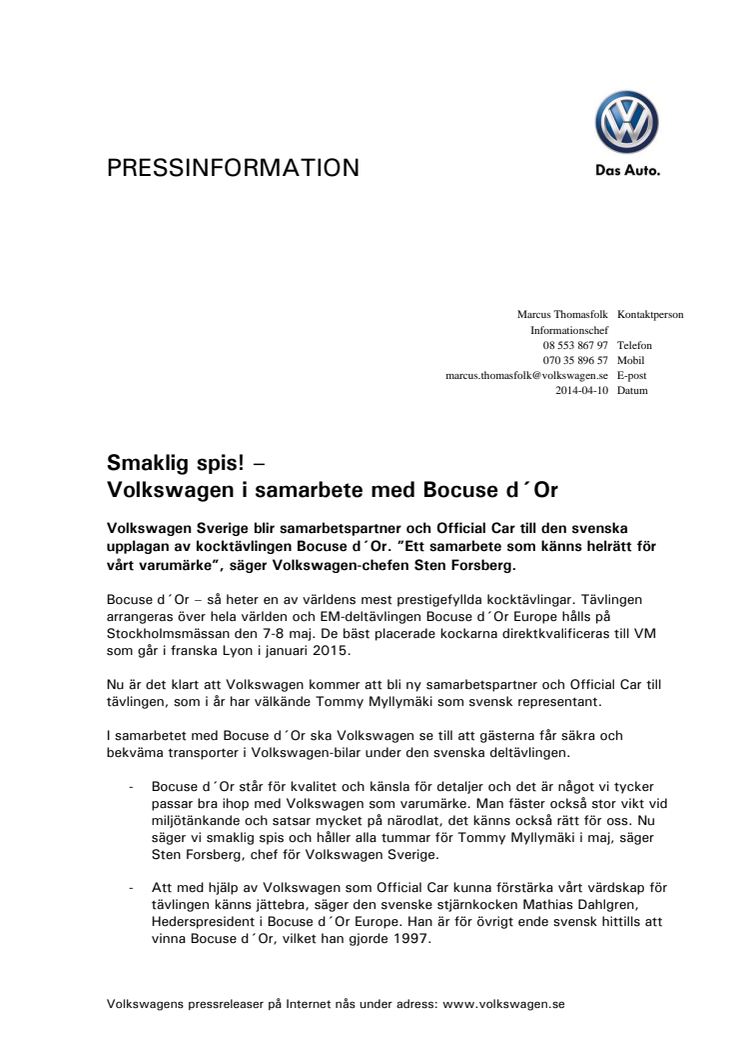 Smaklig spis! – Volkswagen i samarbete med Bocuse d´Or