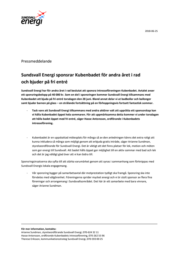 Sundsvall Energi sponsrar Kubenbadet för andra året i rad och bjuder på fri entré