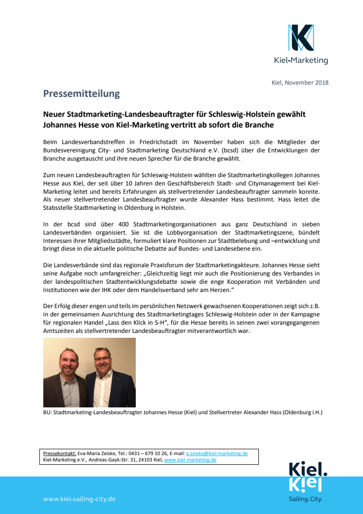 Neuer Stadtmarketing-Landesbeauftragter für Schleswig-Holstein kommt von Kiel-Marketing