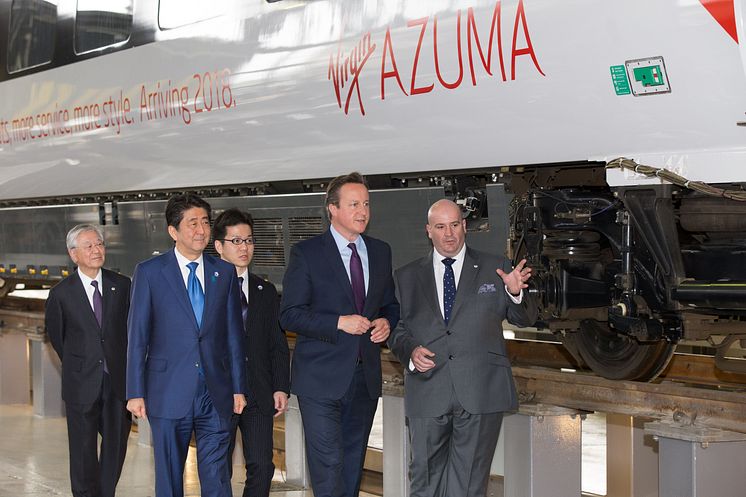 Japanese Prime Minister Shinzo Abe and UK Prime Minister David Cameron visit Hitachi Train Maintenance Centre