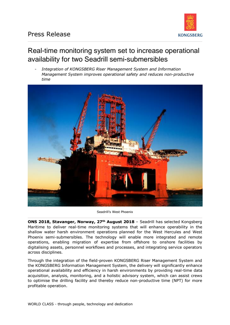 Kongsberg Maritime: Real-time monitoring system set to increase operational availability for two Seadrill semi-submersibles