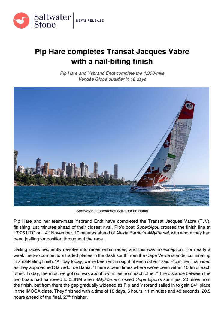 Pip Hare completes Transat Jacques Vabre with a nail-biting finish