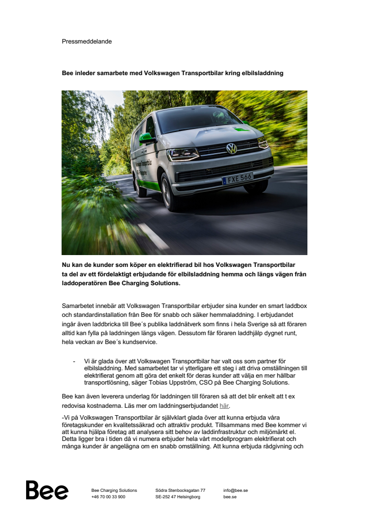 Bee inleder samarbete med Volkswagen Transportbilar kring elbilsladdning