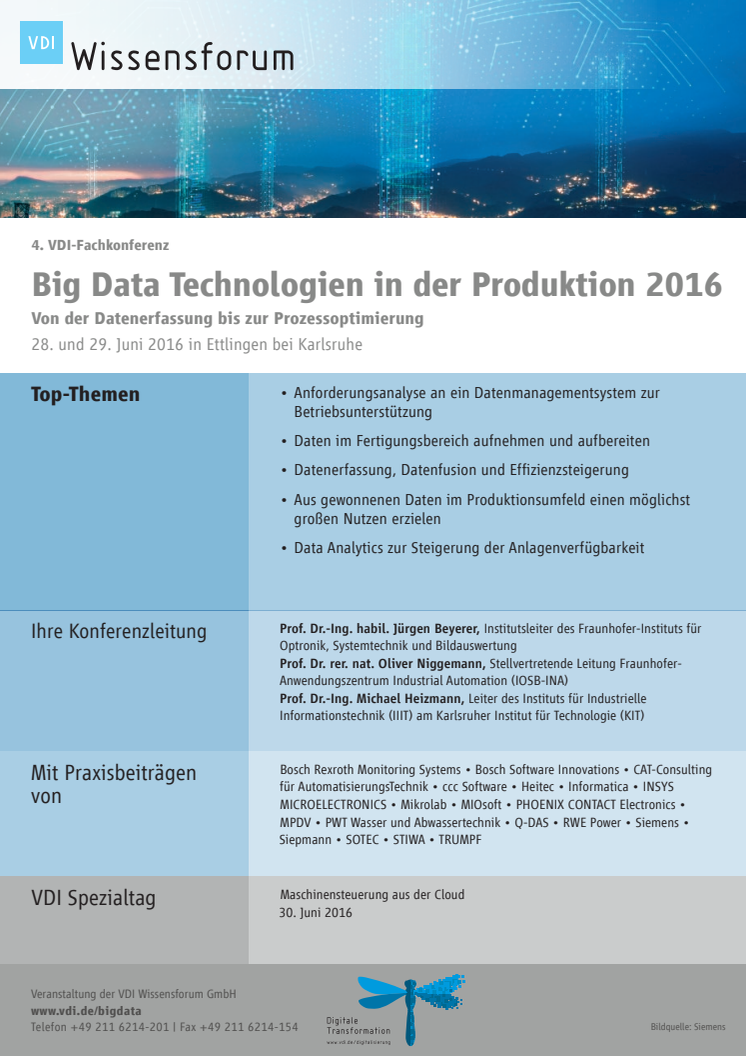 Programm VDI-Fachkonferenz "Big Data Technologien in der Produktion"