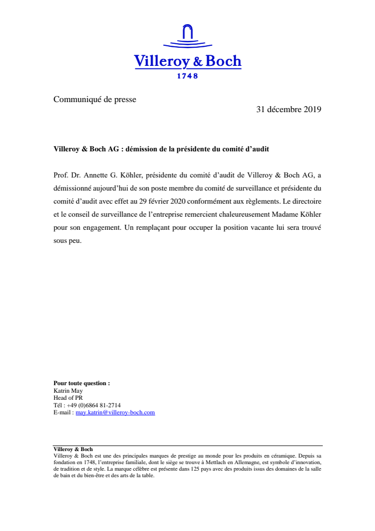 Villeroy & Boch AG : démission de la présidente du comité d’audit