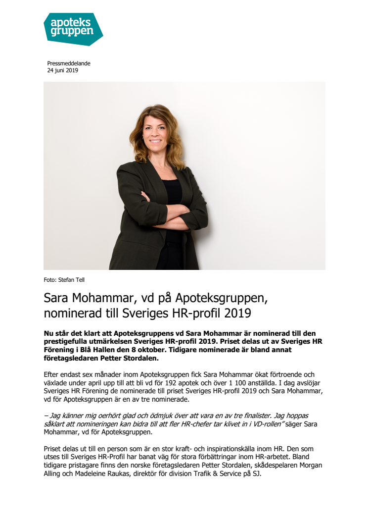 Sara Mohammar, vd på Apoteksgruppen, nominerad till Sveriges HR-profil 2019