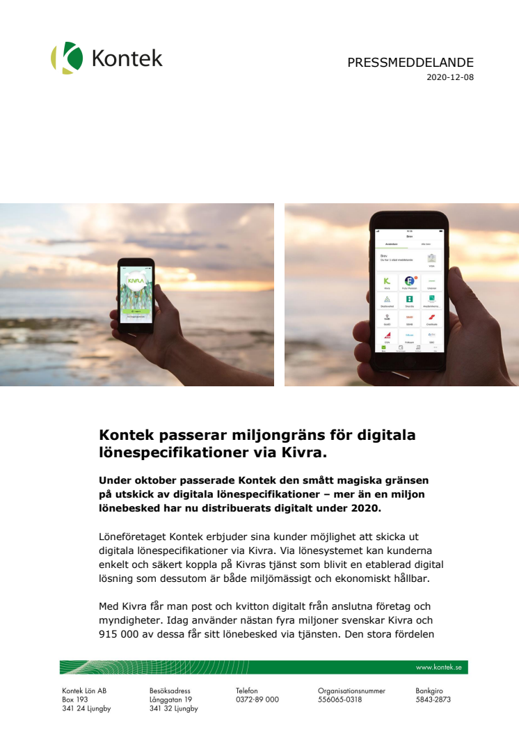 Kontek passerar miljongräns för digitala lönespecifikationer via Kivra