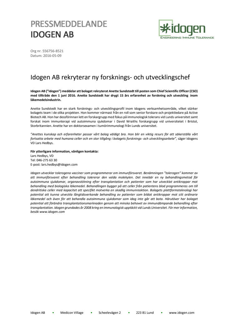 Idogen AB rekryterar ny forsknings- och utvecklingschef